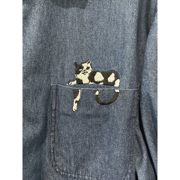Vintage Cat Lady Shirt Women’s XL Tall Embroidered Denim Cabin Creek Button 90s - Picture 5 of 8